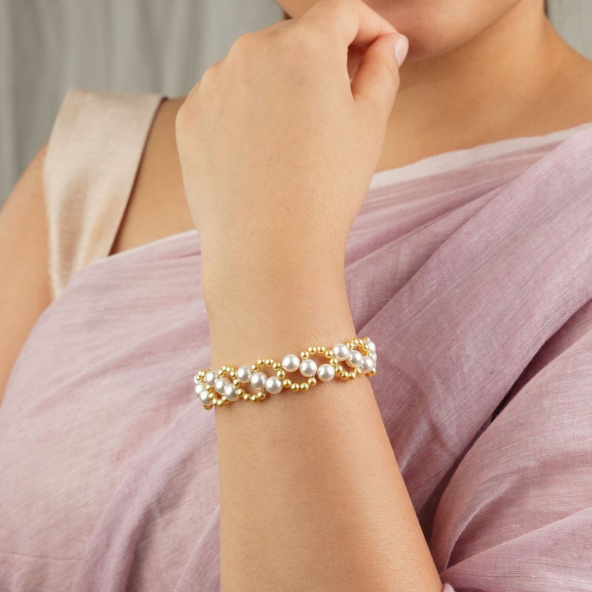 Golden and White Pearl Binded Bracelet (Project Handmade)