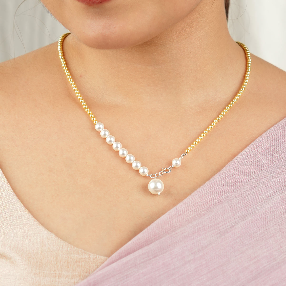 White and Golden Pearl Front Clasp Necklace (Project Handmade)