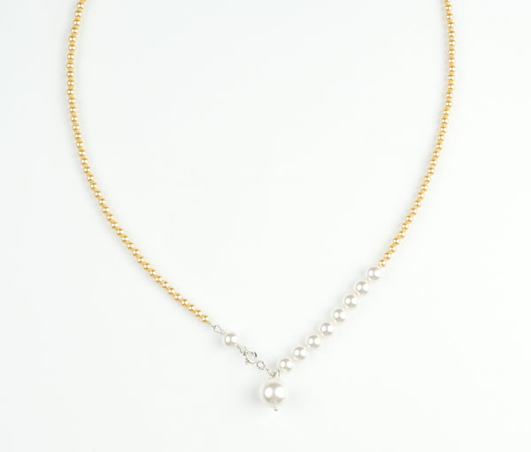 White and Golden Pearl Front Clasp Necklace (Project Handmade)