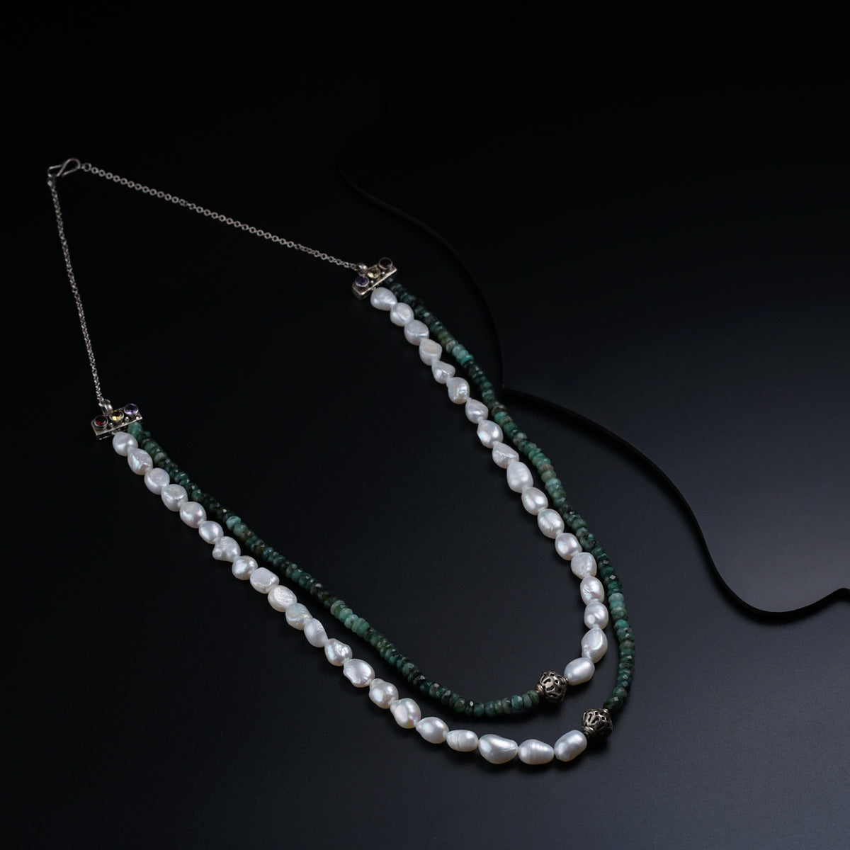 Silver Necklace with Green Rubys and Pearls
