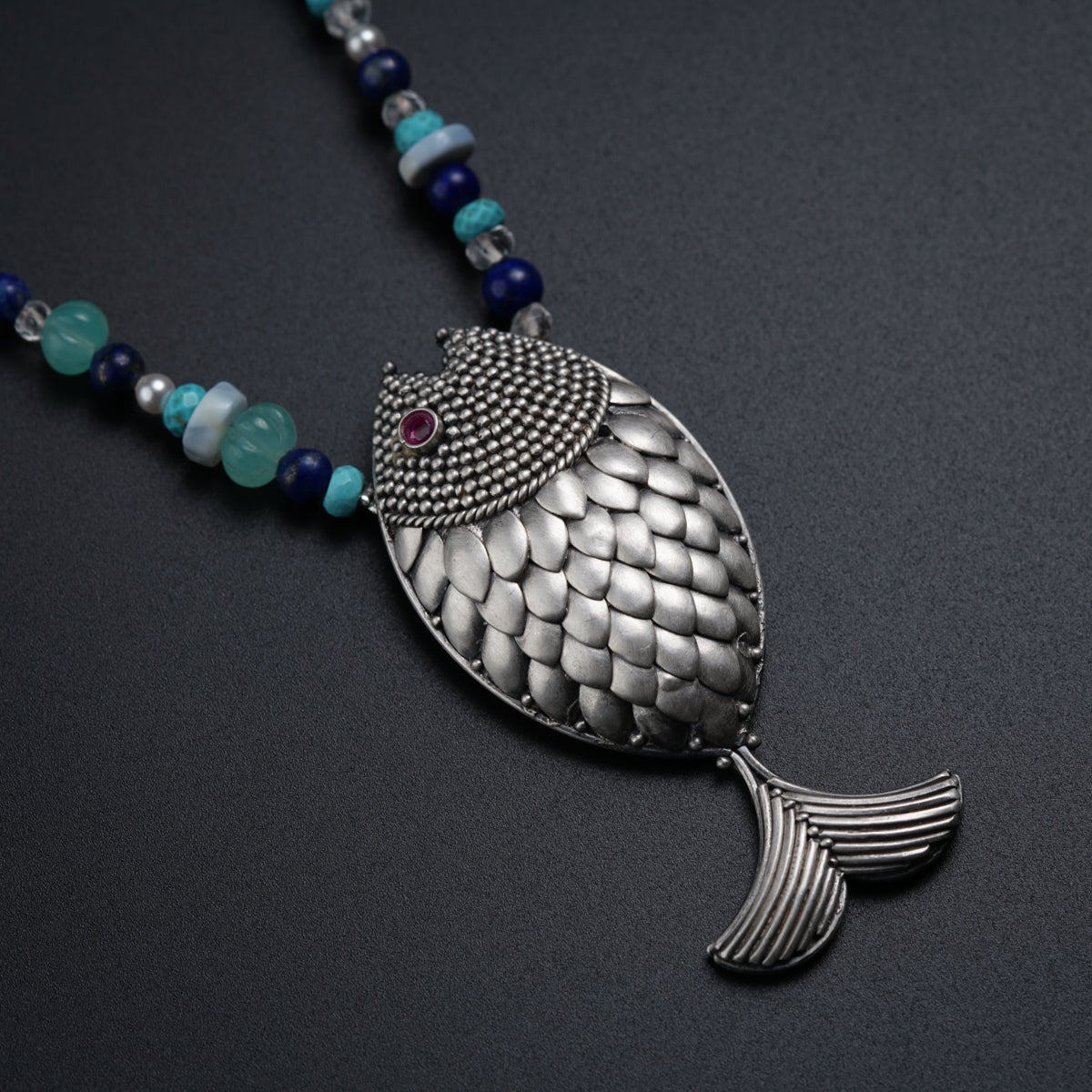 Silver Fish Necklace with Mixed Semi Precious Stones