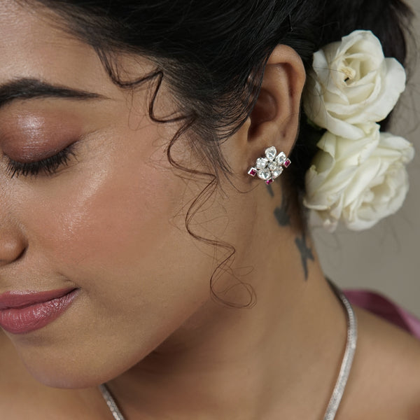 Polki silver earrings with moissanite and pink stones