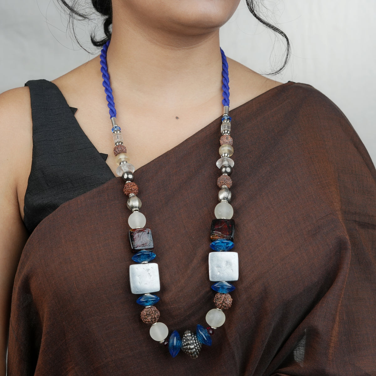 Silver Foil, Rudraksha and Glass Bead Necklace