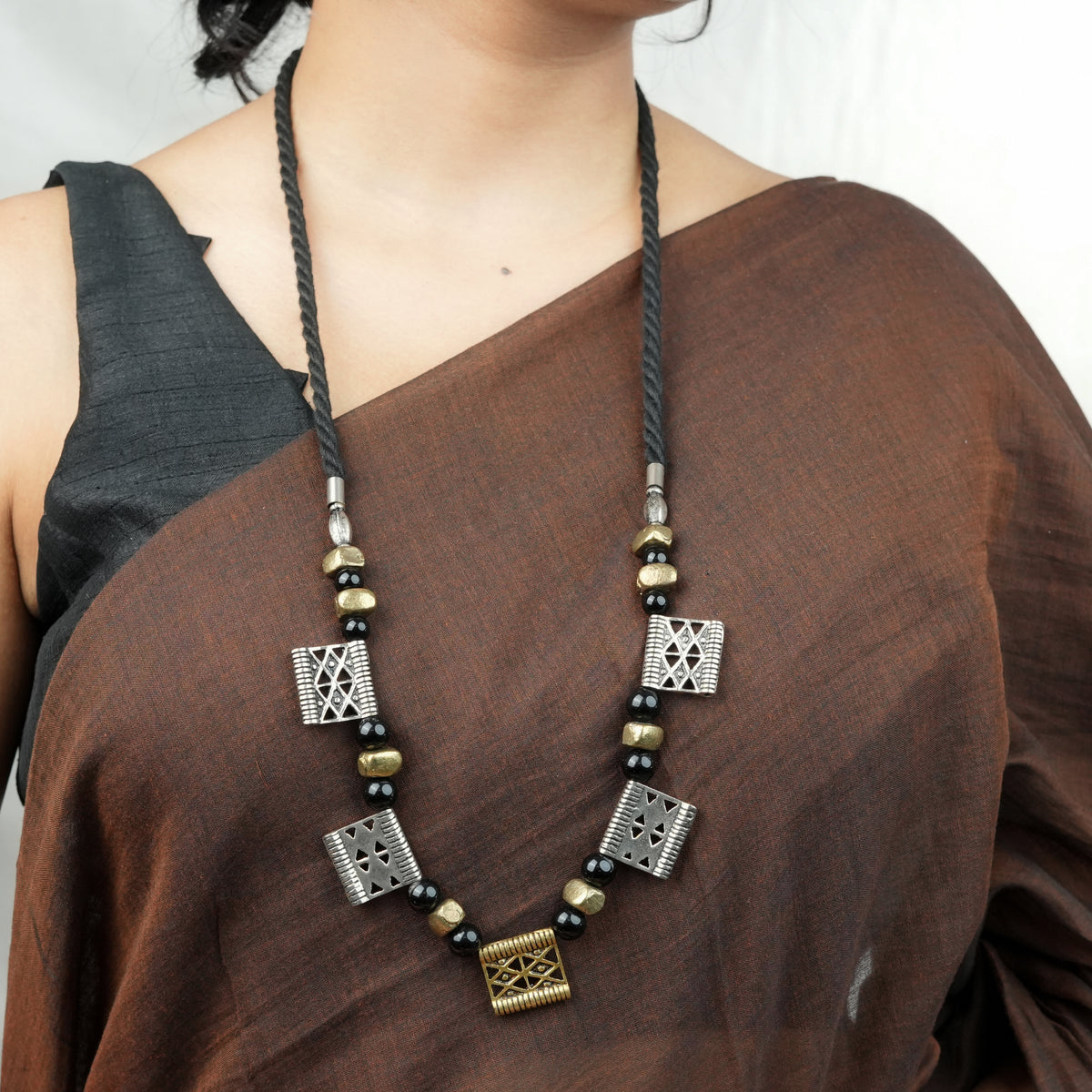 Copper Bead and Black Bead German Silver Necklace