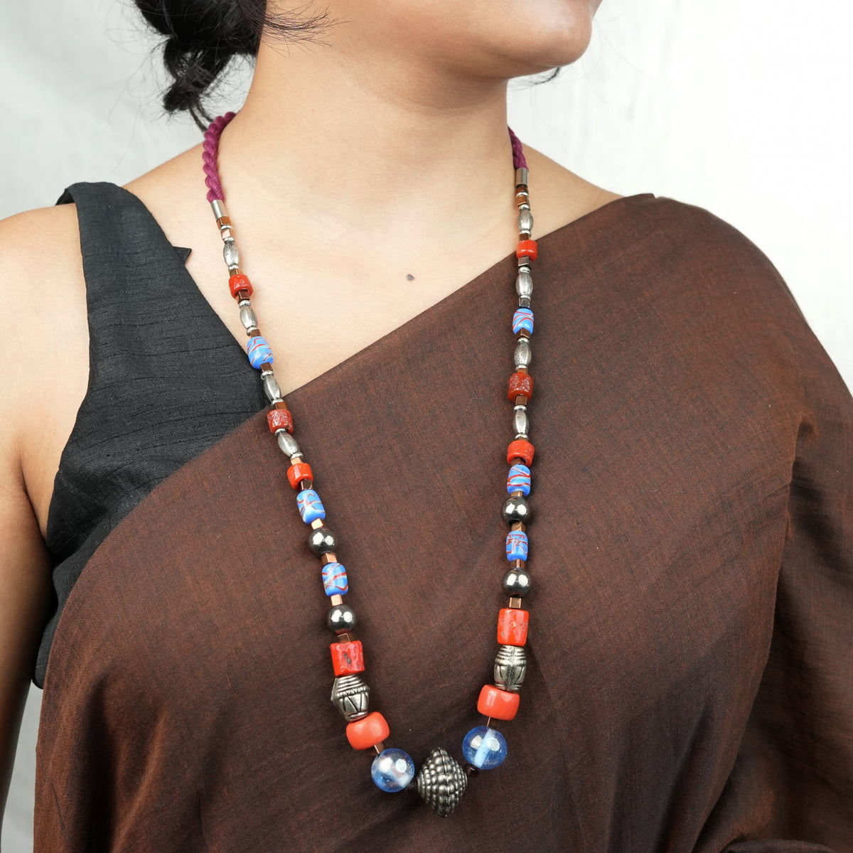 Silver Plated Copper Bead, Coral and Multicolour Bead Necklace