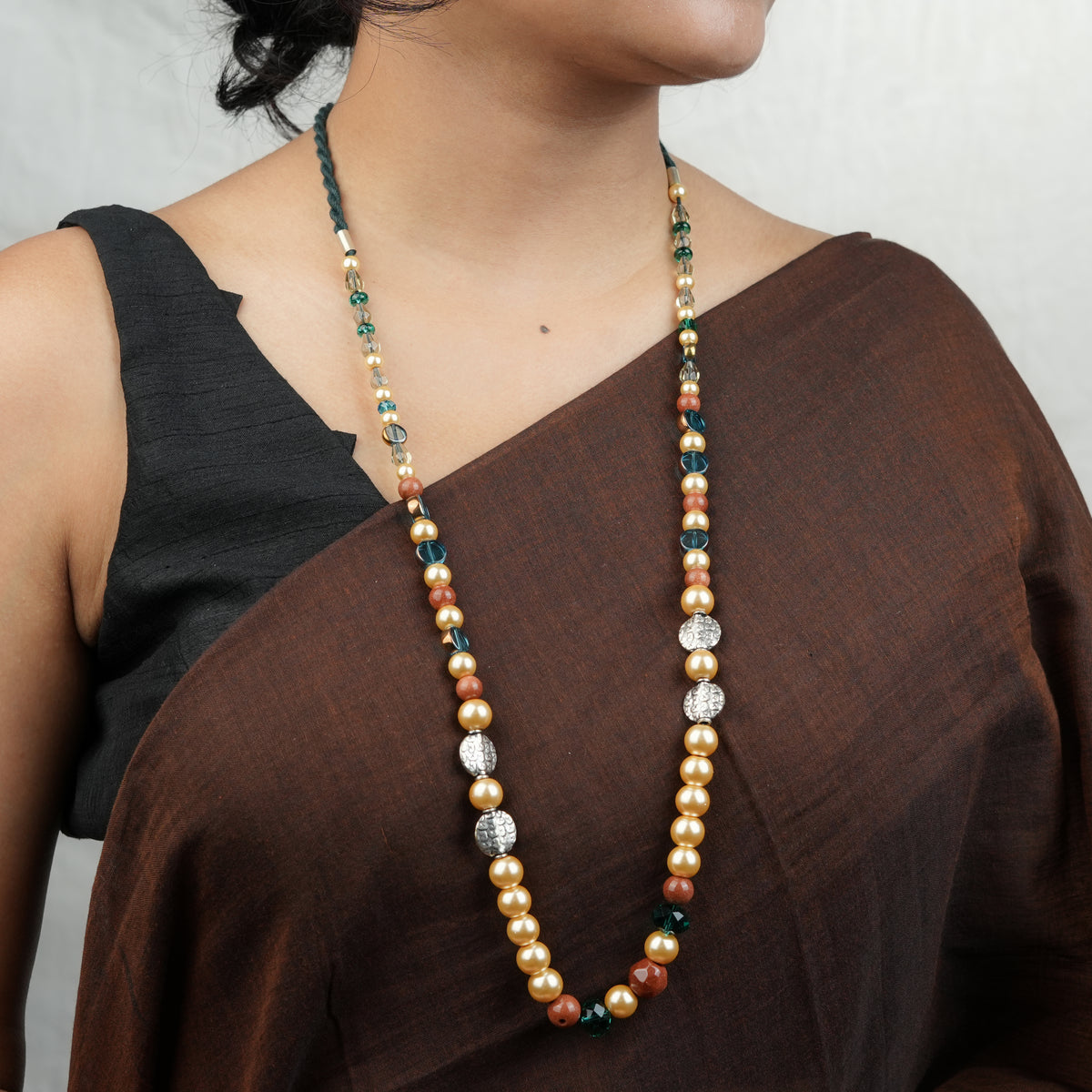 Silver Plated Copper Bead, Glass Bead and Pearl Necklace