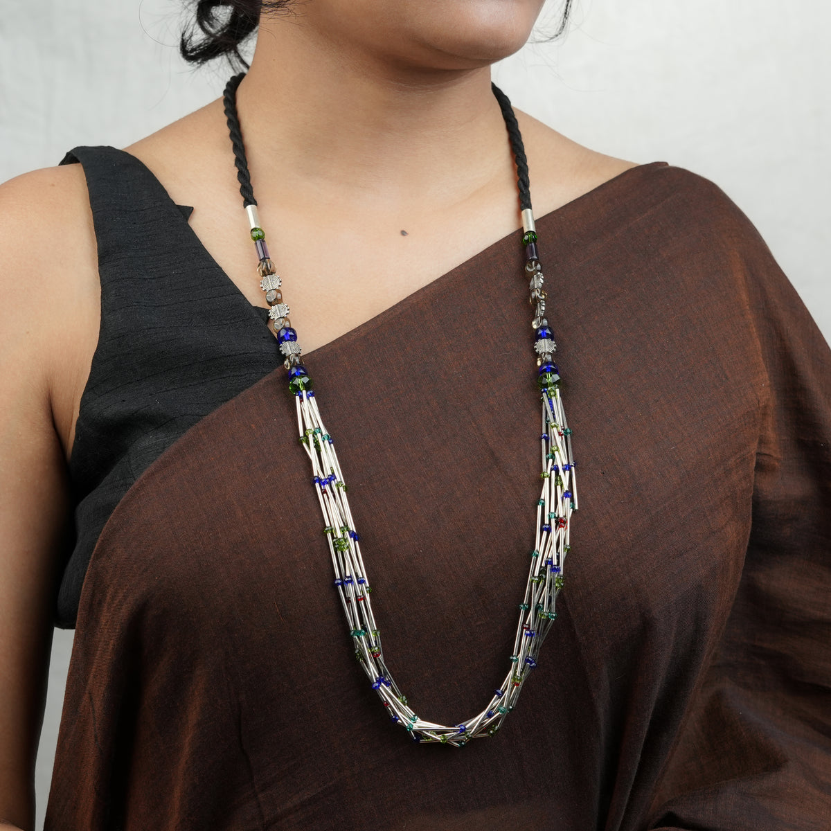 German Silver Pipes and Glass Bead Layered Necklace
