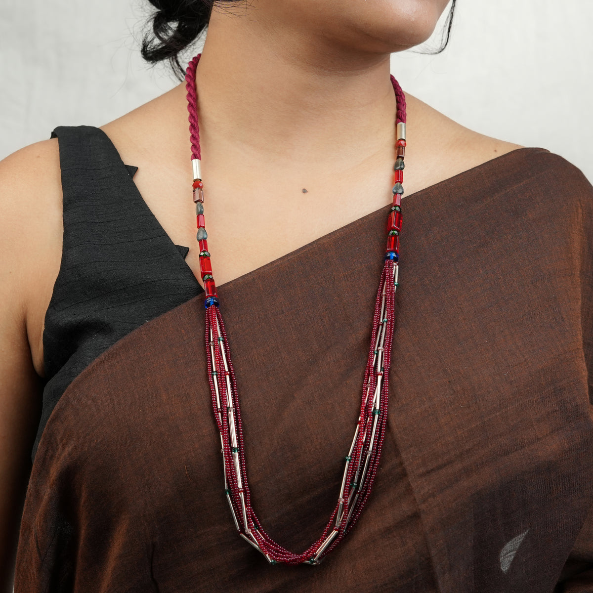 Glass Bead and German Silver Pipe Necklace