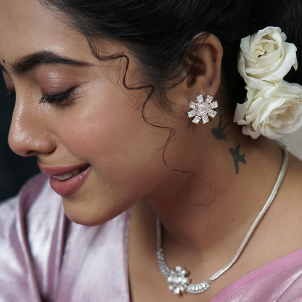 Silver earrings with floral moissanite design for jewelry sets