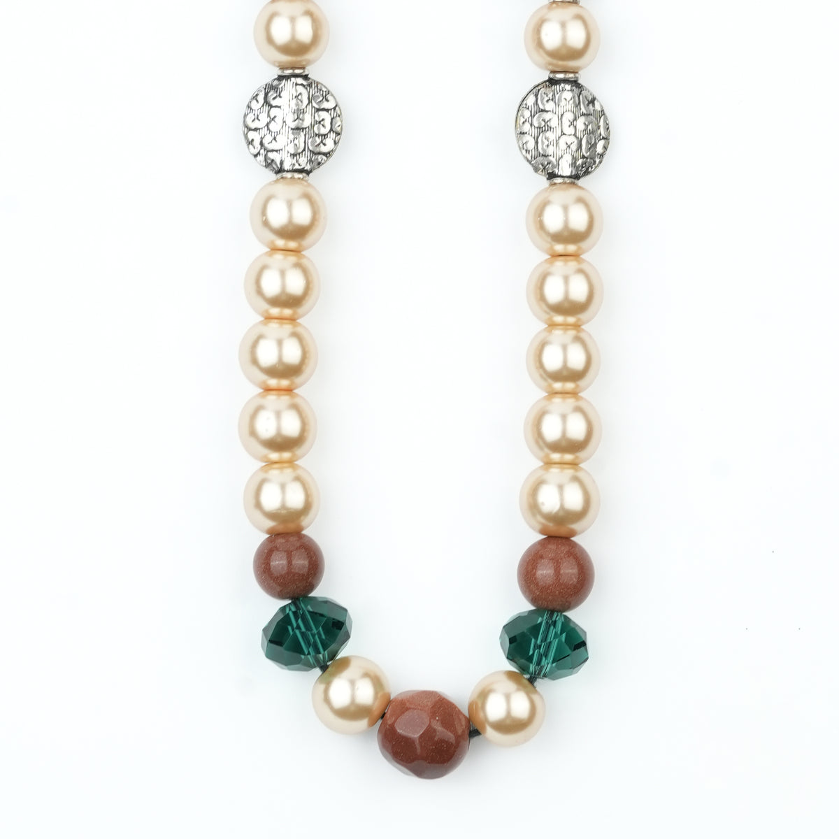 Silver Plated Copper Bead, Glass Bead and Pearl Necklace