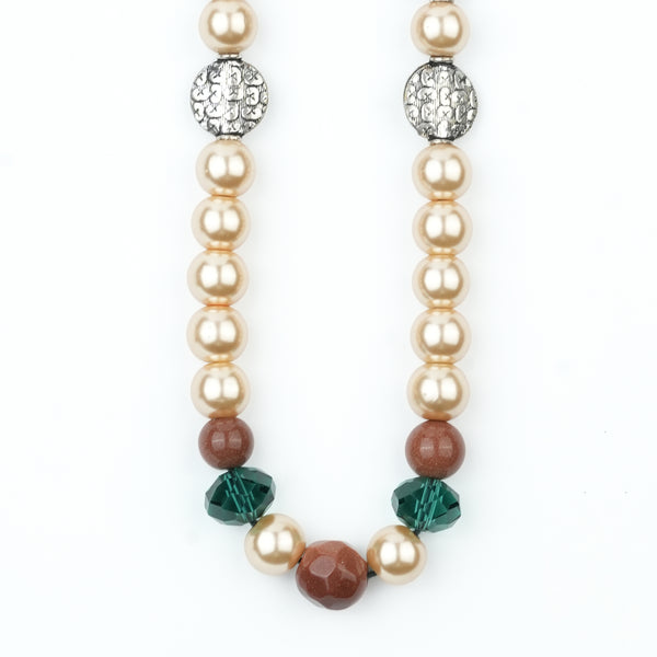 Silver Plated Copper Bead, Glass Bead and Pearl Necklace