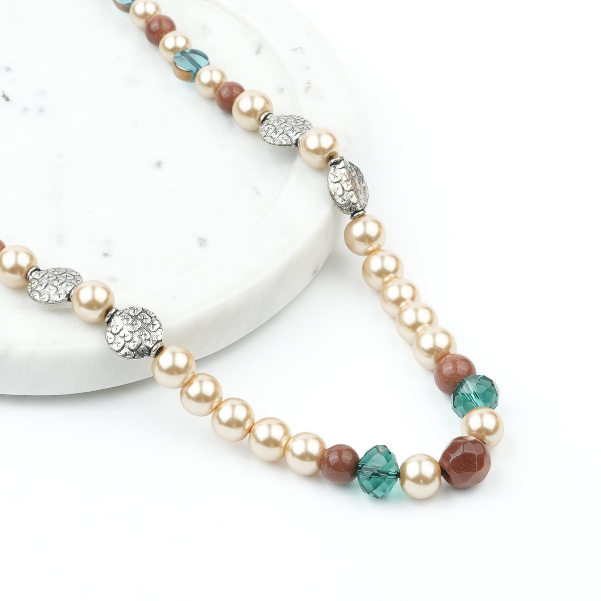 Silver Plated Copper Bead, Glass Bead and Pearl Necklace