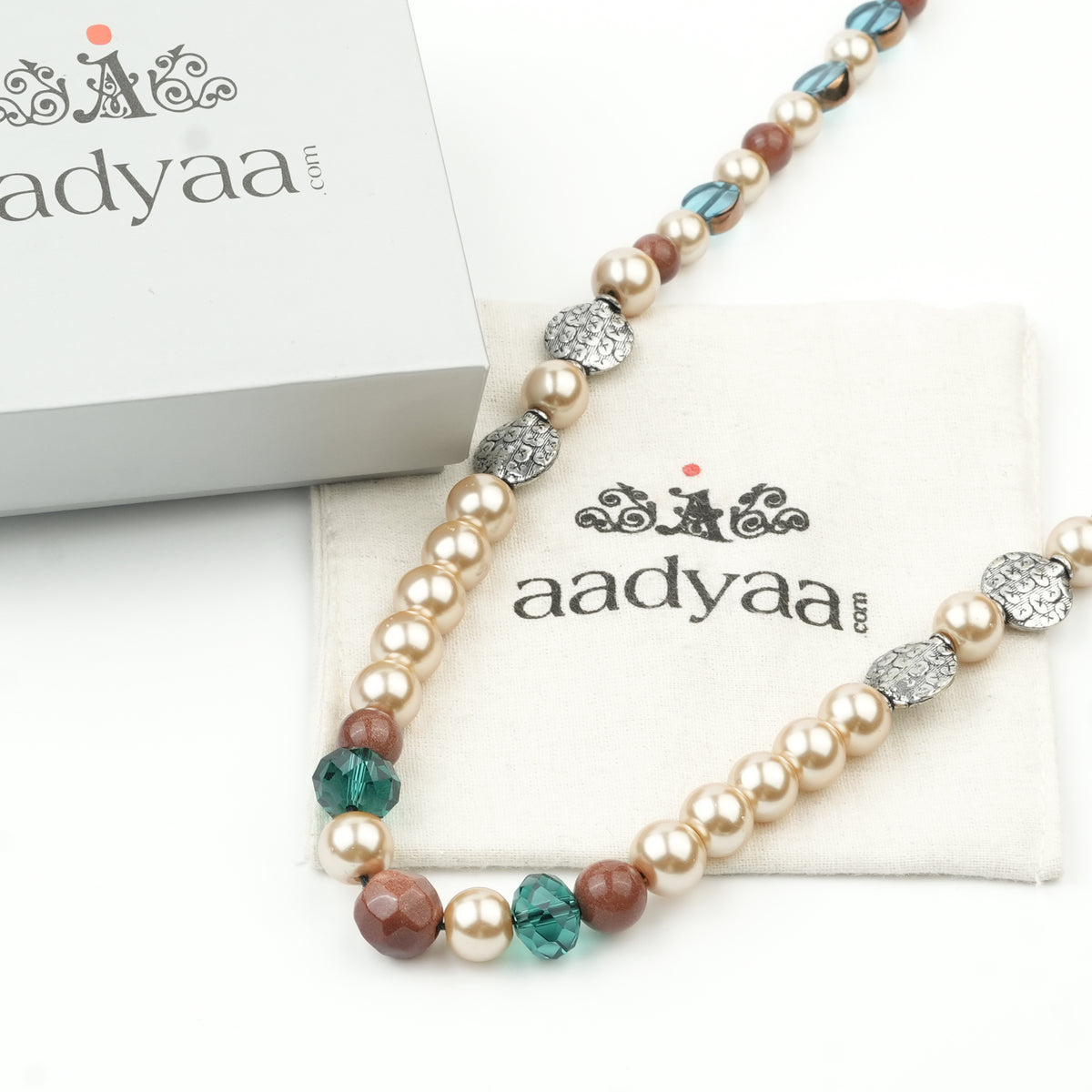 Silver Plated Copper Bead, Glass Bead and Pearl Necklace