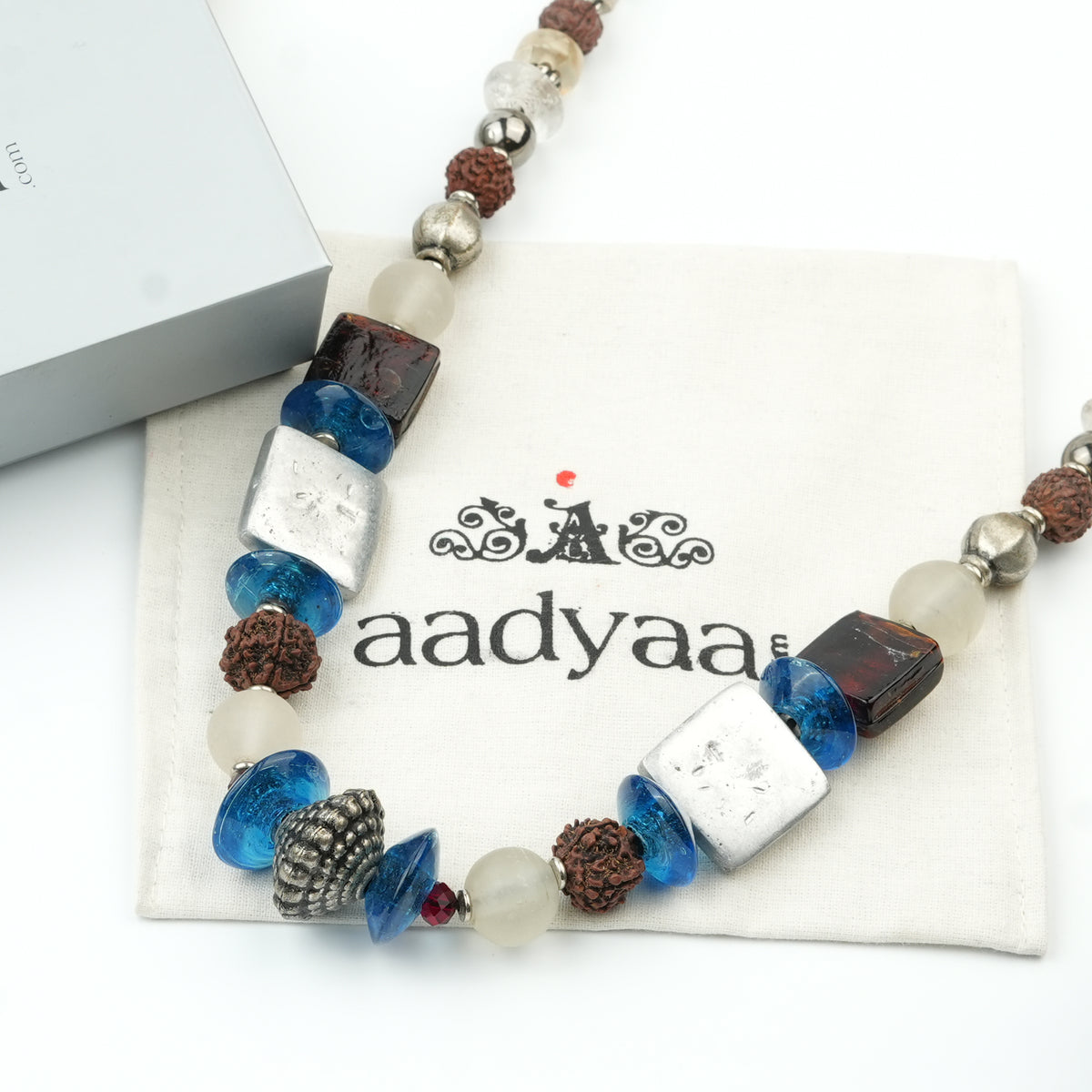 Silver Foil, Rudraksha and Glass Bead Necklace