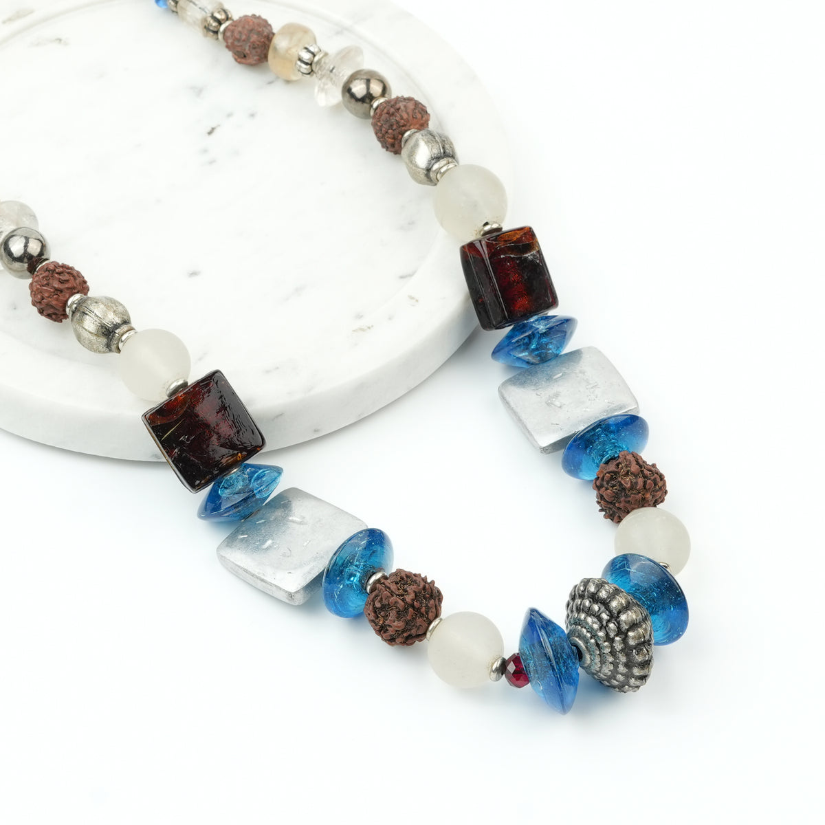 Silver Foil, Rudraksha and Glass Bead Necklace