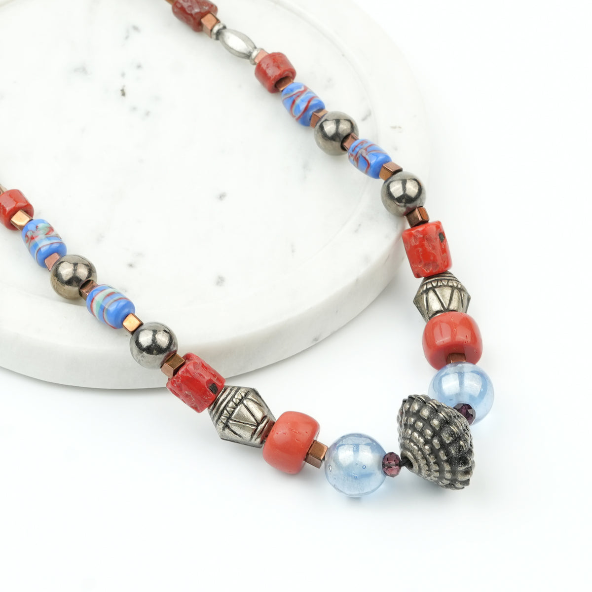 Silver Plated Copper Bead, Coral and Multicolour Bead Necklace