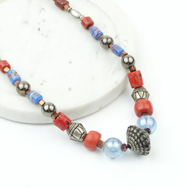 Silver Plated Copper Bead, Coral and Multicolour Bead Necklace