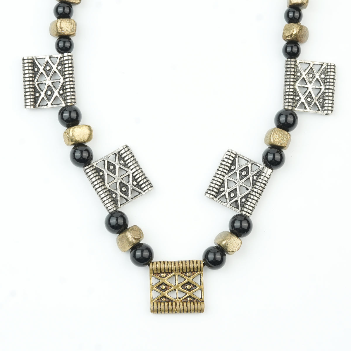 Copper Bead and Black Bead German Silver Necklace