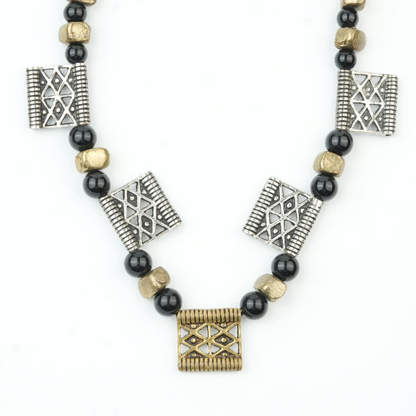 Copper Bead and Black Bead German Silver Necklace