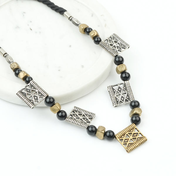 Copper Bead and Black Bead German Silver Necklace