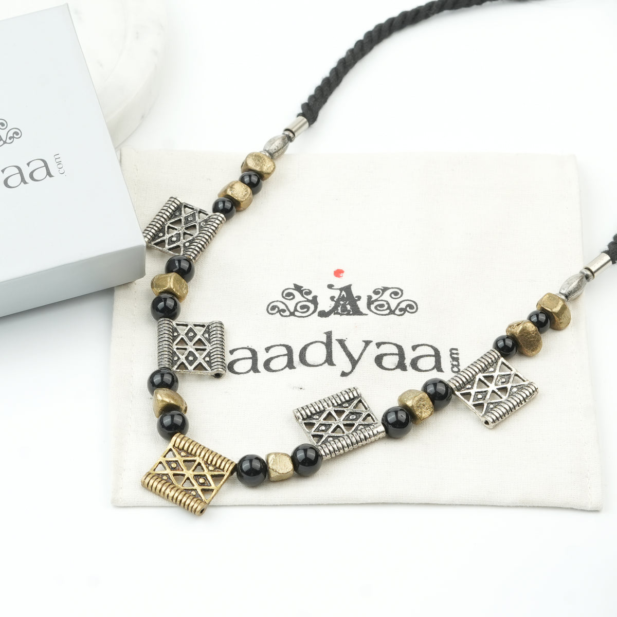 Copper Bead and Black Bead German Silver Necklace