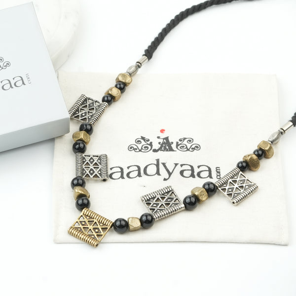 Copper Bead and Black Bead German Silver Necklace