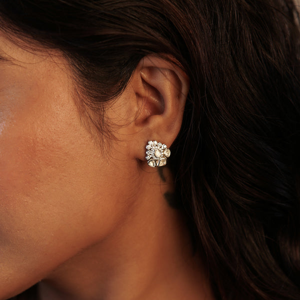 Silver Polki jewelry earrings and pendant set with moissanite stones