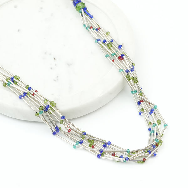 German Silver Pipes and Glass Bead Layered Necklace