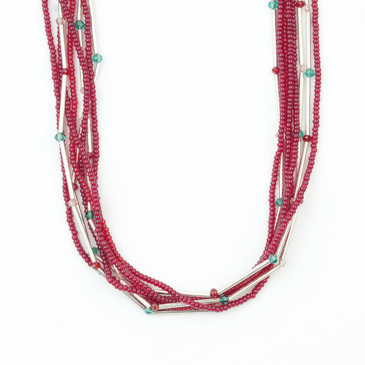 Glass Bead and German Silver Pipe Necklace