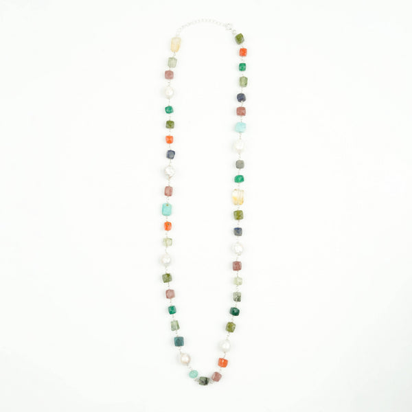 Multicolour Stone Ganthan Necklace with Baroque Pearls – 26 Inches