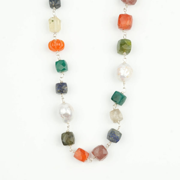 Multicolour Stone Ganthan Necklace with Baroque Pearls – 20 Inches
