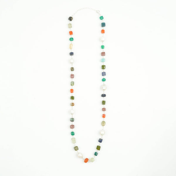 Multicolour Stone Ganthan Necklace with Baroque Pearls – 24 Inches