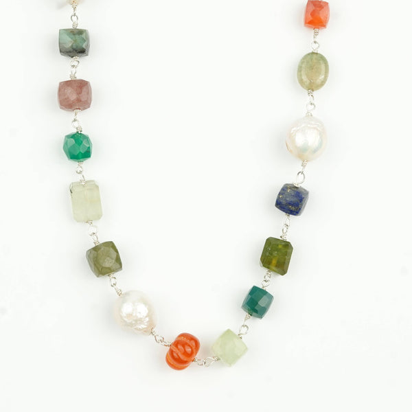 Multicolour Stone Ganthan Necklace with Baroque Pearls – 24 Inches