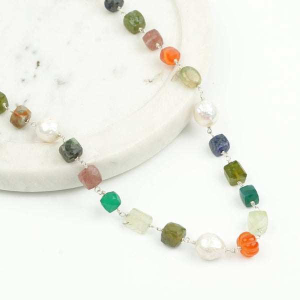Multicolour Stone Ganthan Necklace with Baroque Pearls – 24 Inches