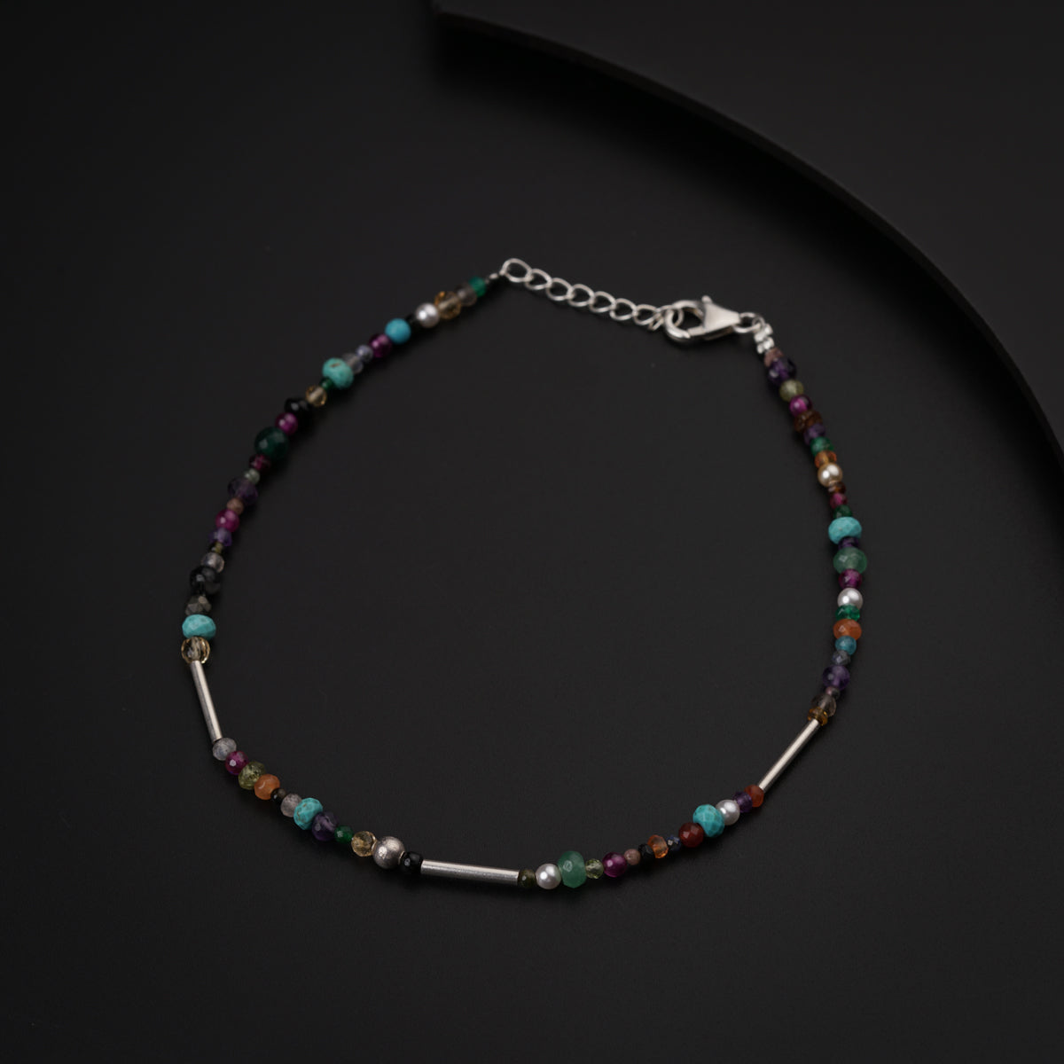 Multicolor Semi Precious Stones Silver Anklet