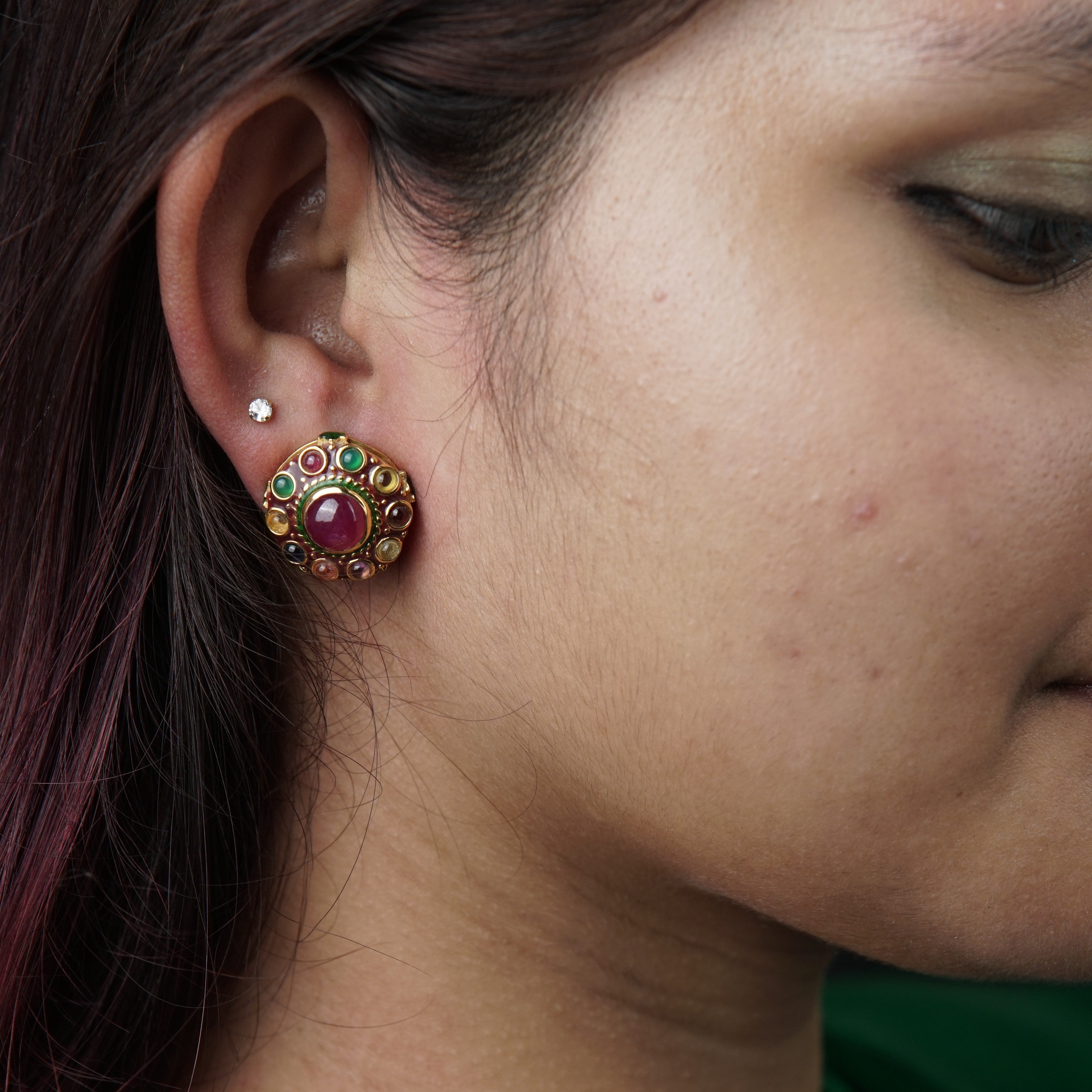 Gold Foil Earring With Semi Precious Stones