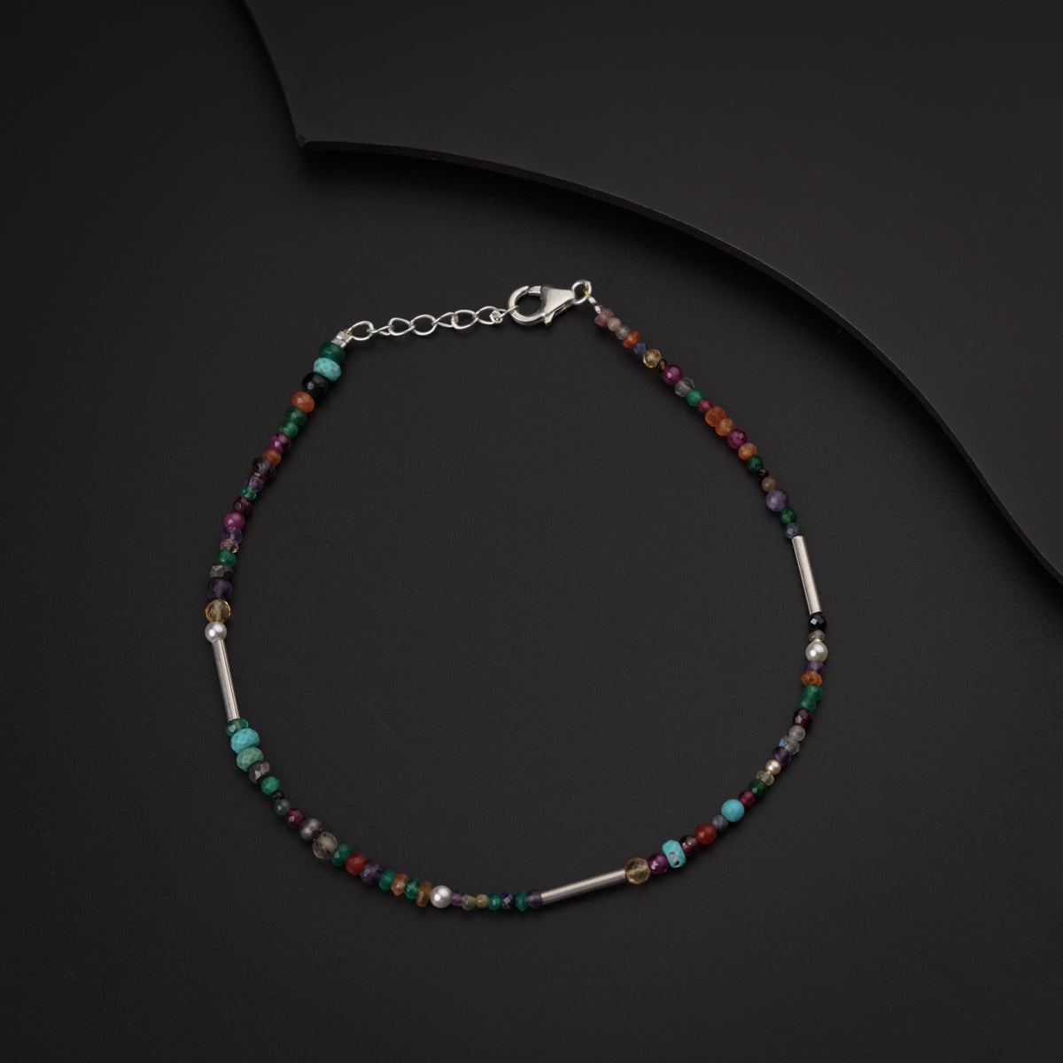 Multicolor Semi Precious Stones Silver Anklet