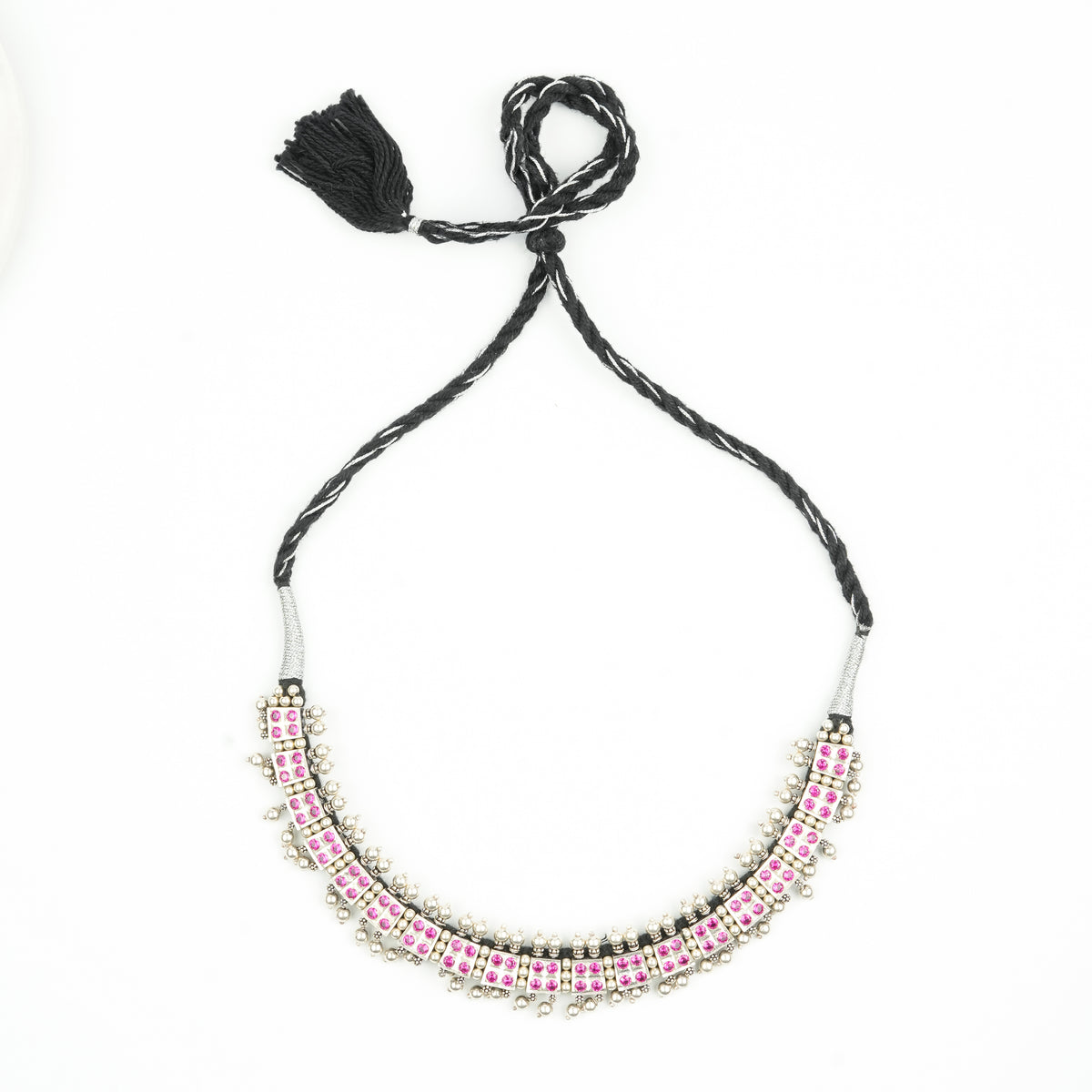 Oxidised Silver Laffa Choker with Pink Stones