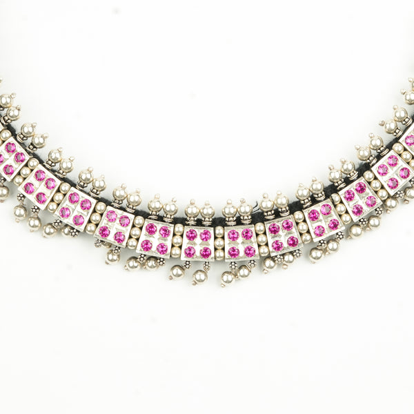 Oxidised Silver Laffa Choker with Pink Stones