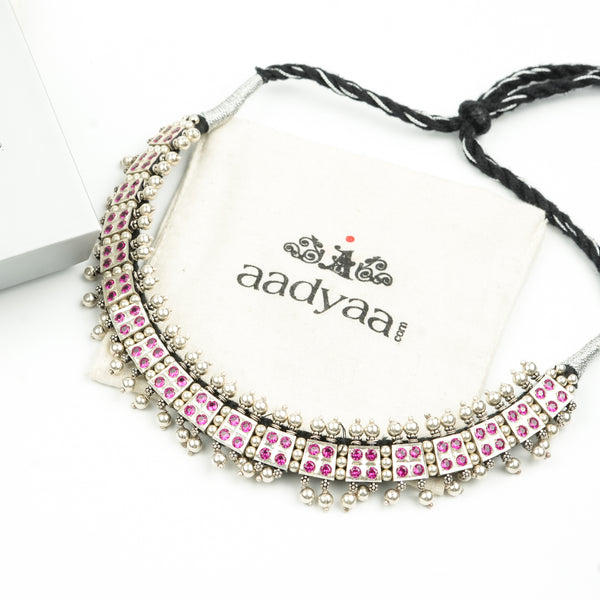 Oxidised Silver Laffa Choker with Pink Stones