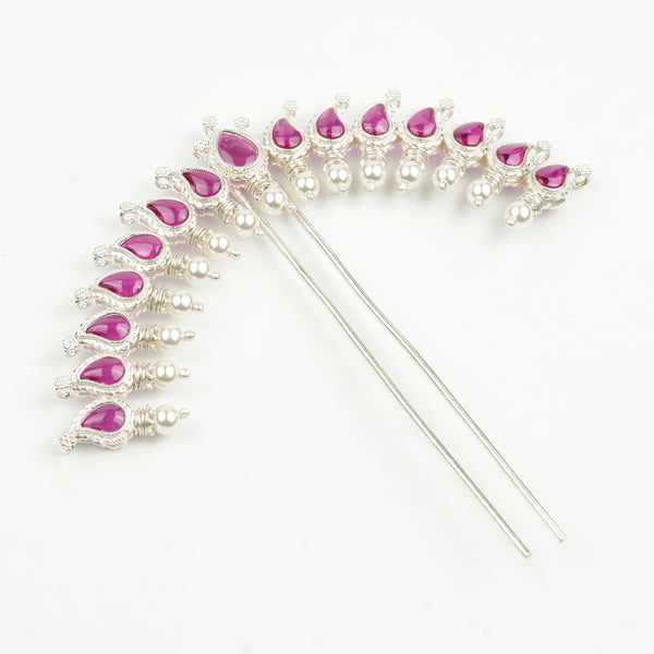 Silver Koyari Hairpin with Pink Stones & Pearls