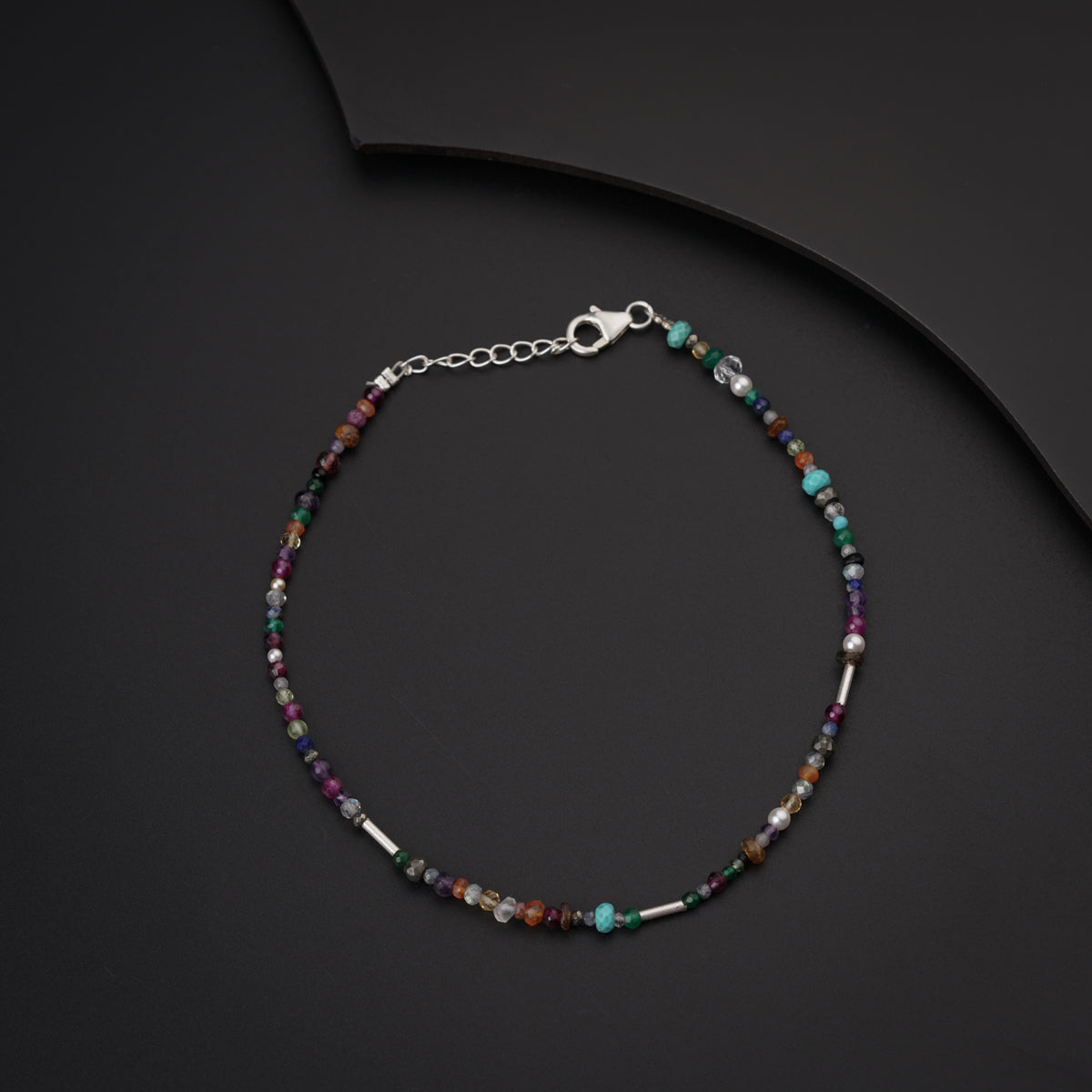 Multicolor Semi Precious Stones Silver Anklet