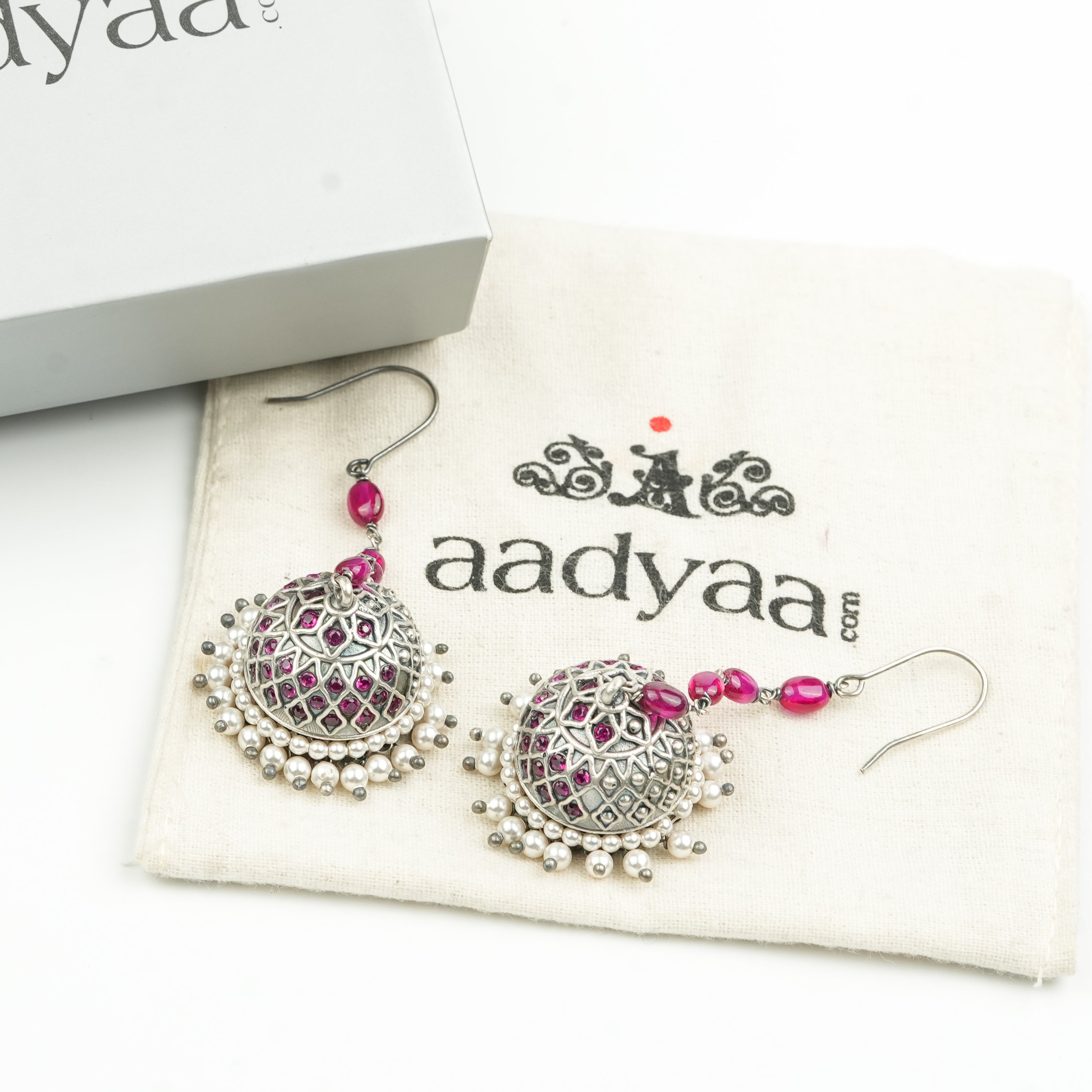 Oxidised Silver Filigree Jhumki with Ruby Beads