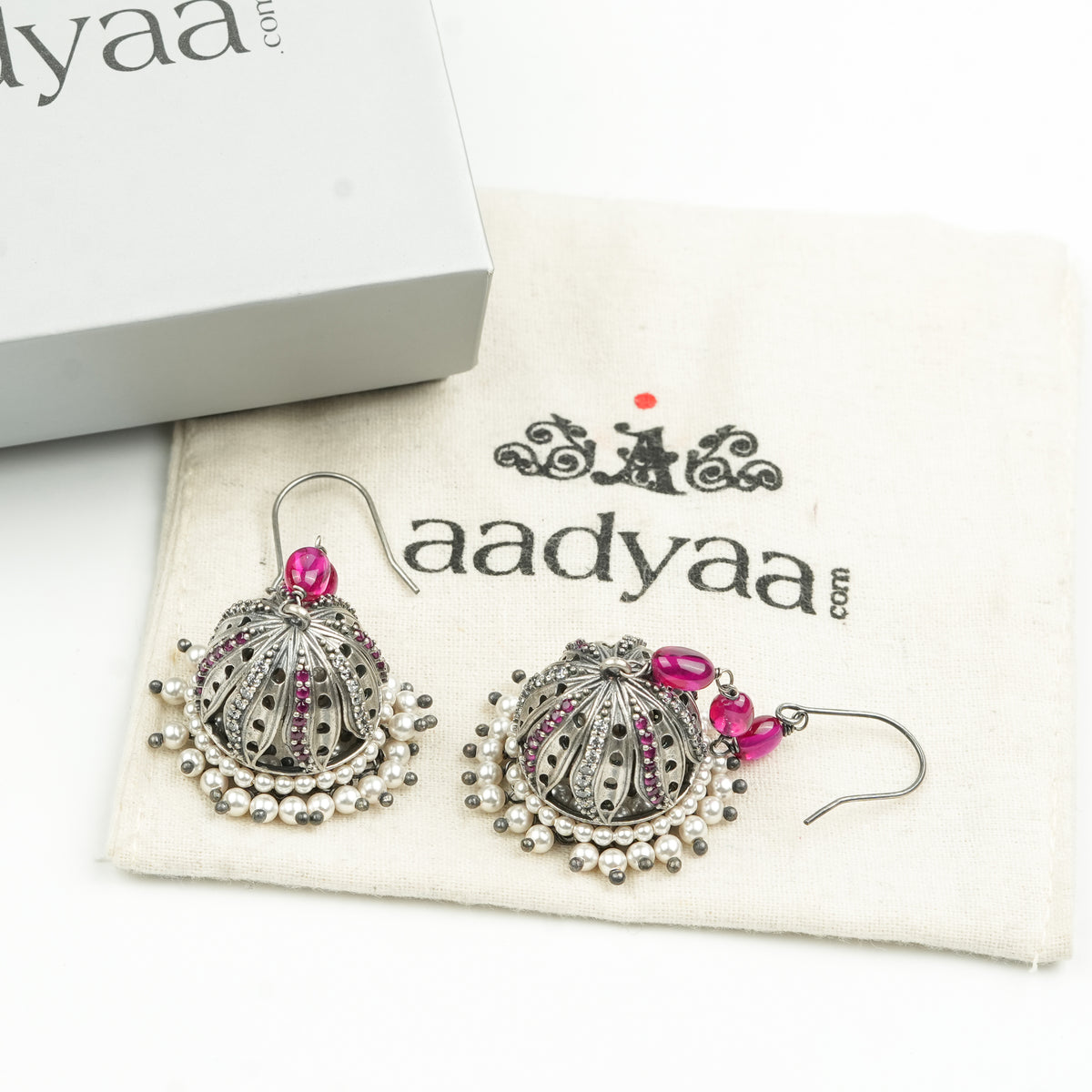 Oxidised Silver Petal Jhumki with CZ & Ruby Beads