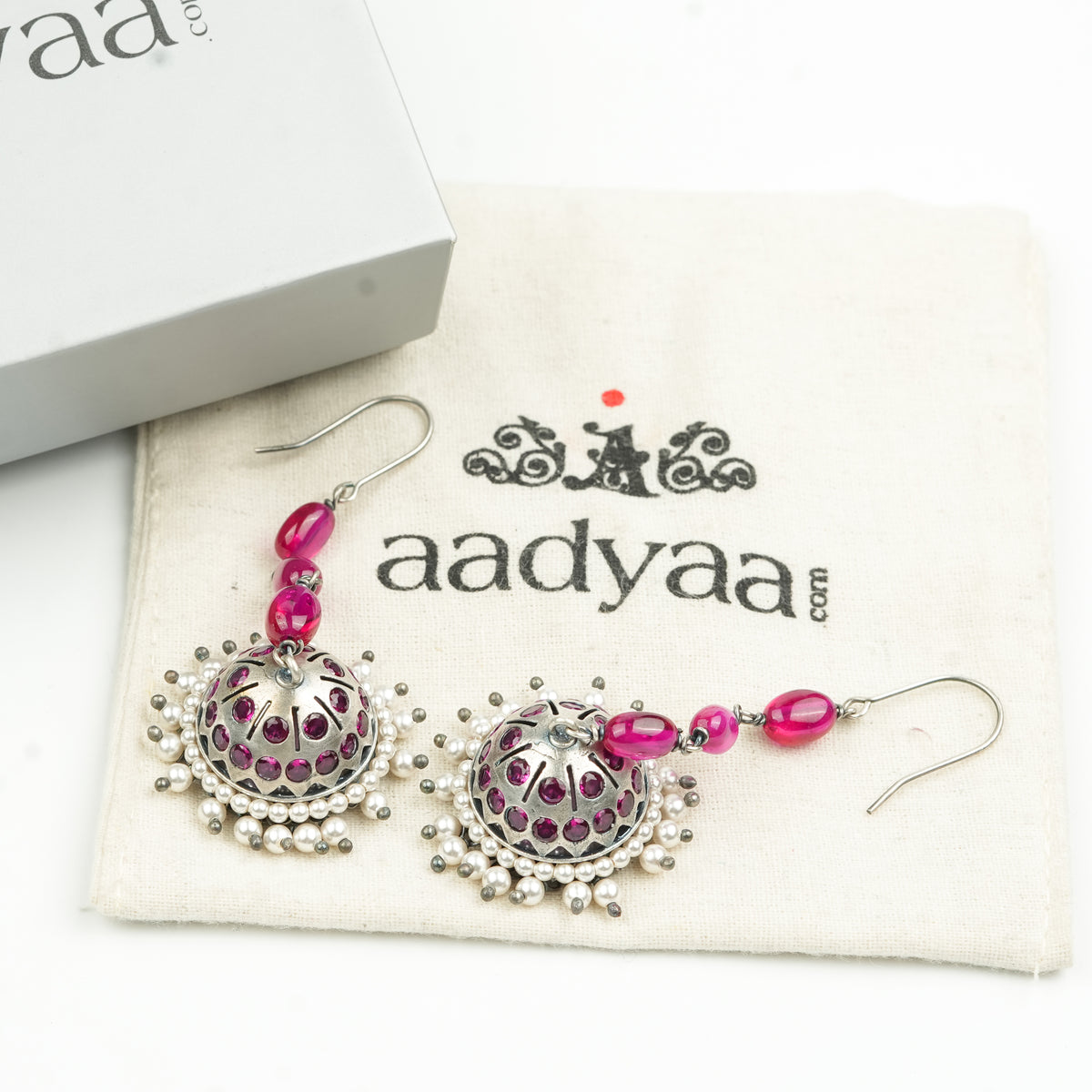 Oxidised Silver Jhumki with Ruby Beads