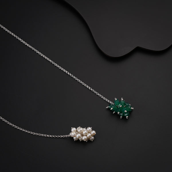 Silver Tie & Wear Necklace with Pearls & Green Onyx