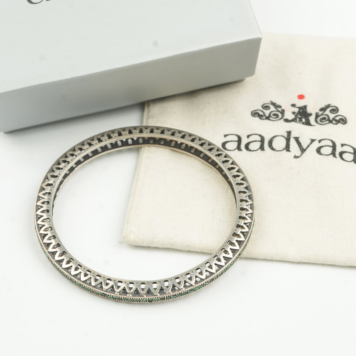 Oxidised Silver Filigree Bangle with Green Stones