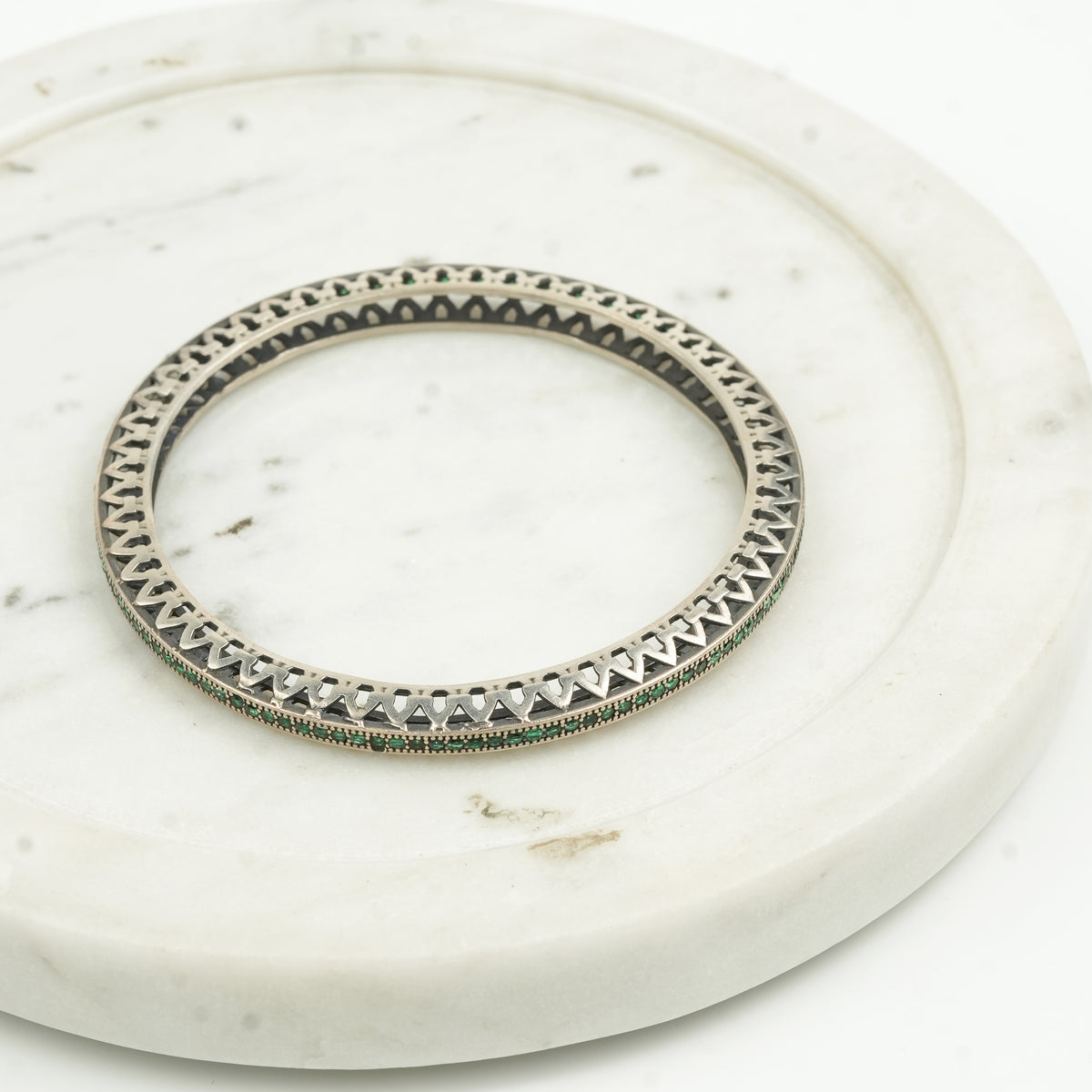 Oxidised Silver Filigree Bangle with Green Stones