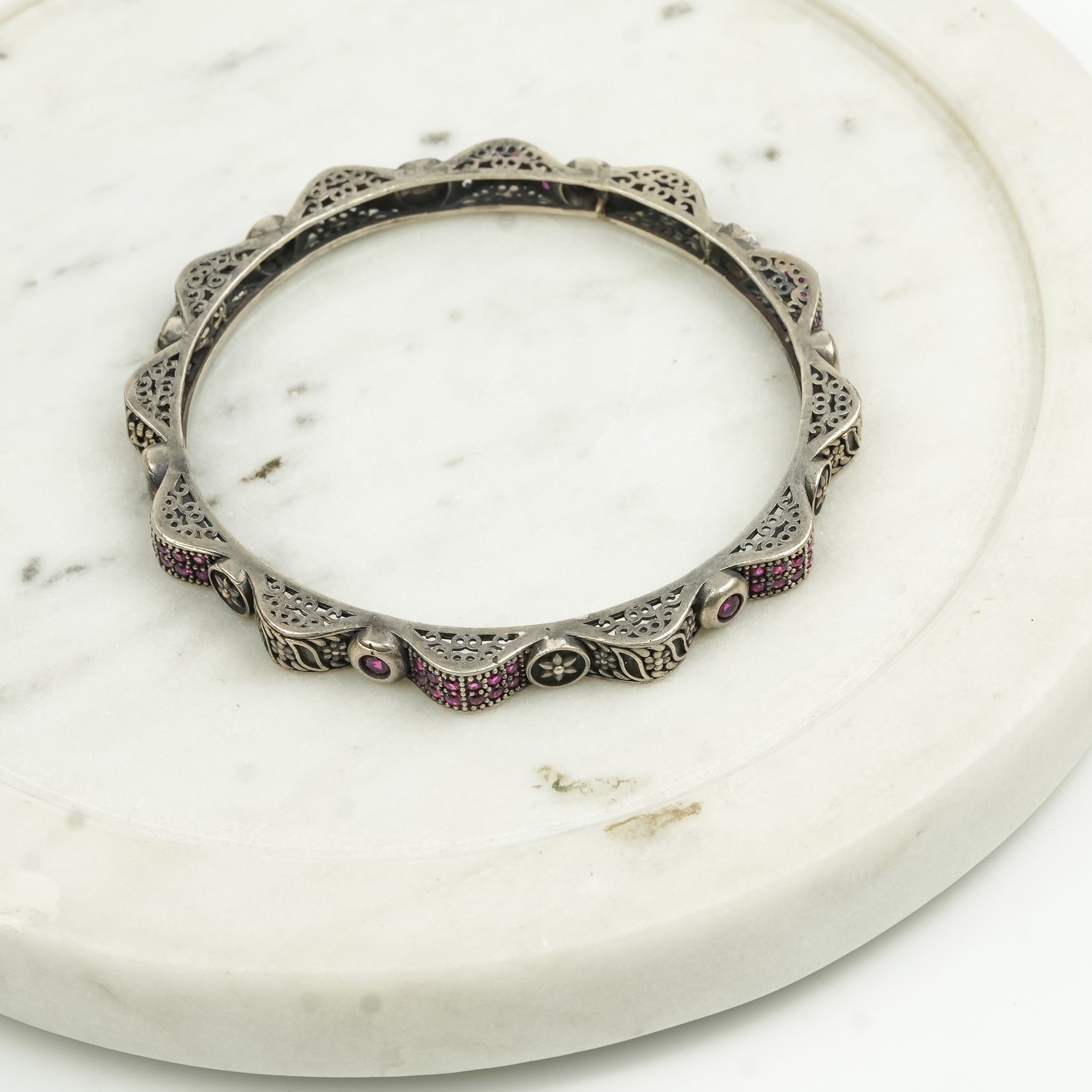 Oxidised Silver Filigree Bangle with Pink Stones