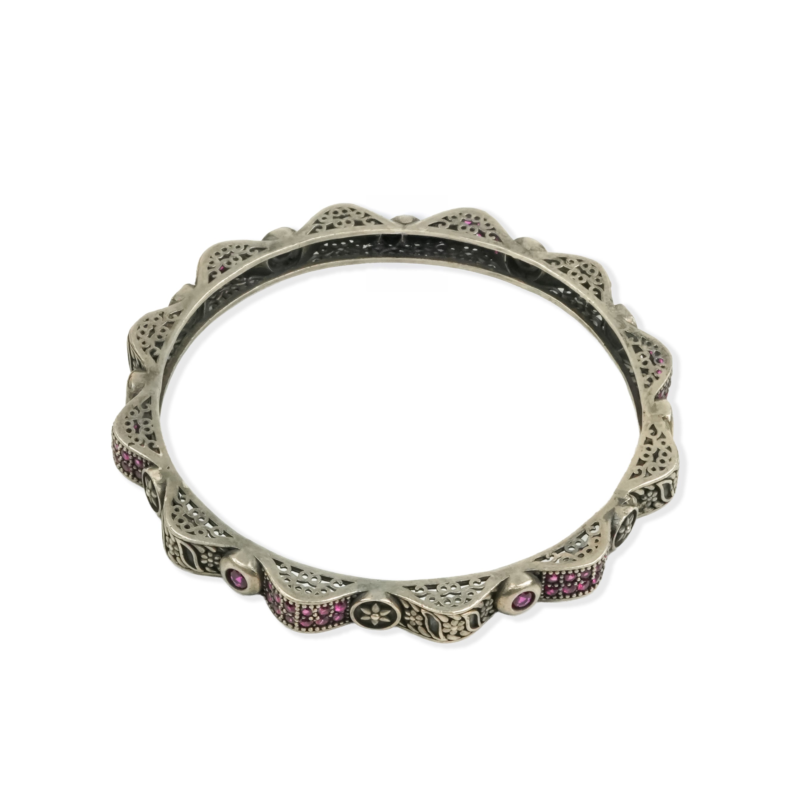 Oxidised Silver Filigree Bangle with Pink Stones